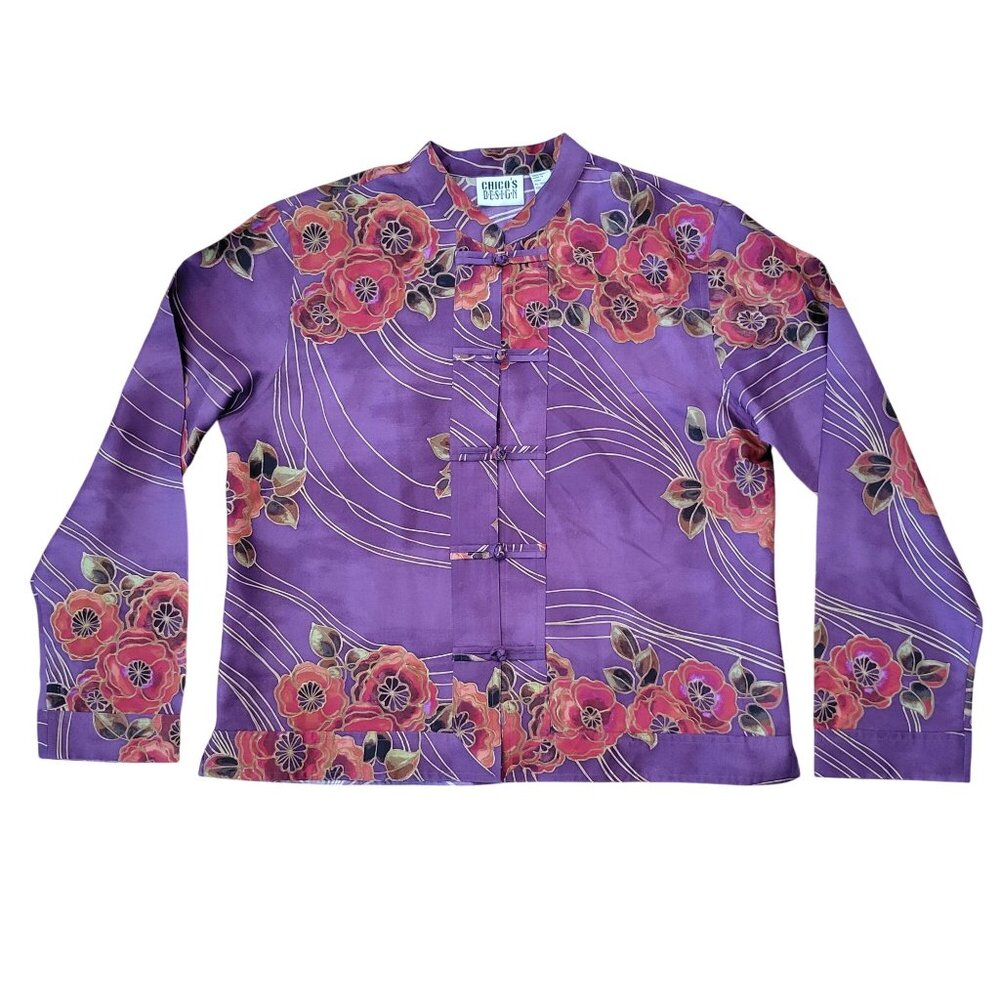 Chicos Design 1 Silk Purple Floral Mandarin Collar Jacket M 8 Chinese‎ Cosplay